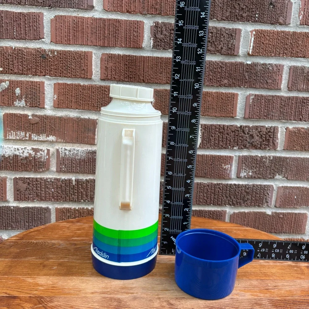 Vintage Aladdin Quart Thermos Retro Blues and Greens Stripe on Beige Stopper 12